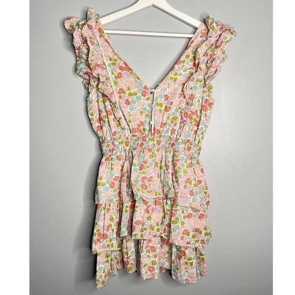 Love the Label Ines Floral Tiered Ruffle Mini Dress Cream Women's Size Medium - Picture 4 of 12